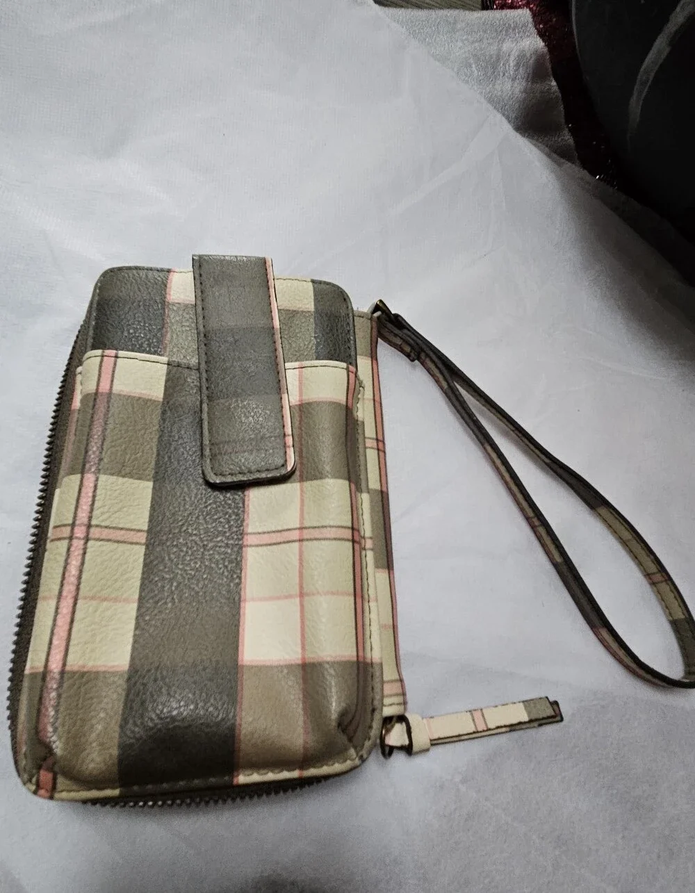 Leather Wristlet Clutch in Green Plaid